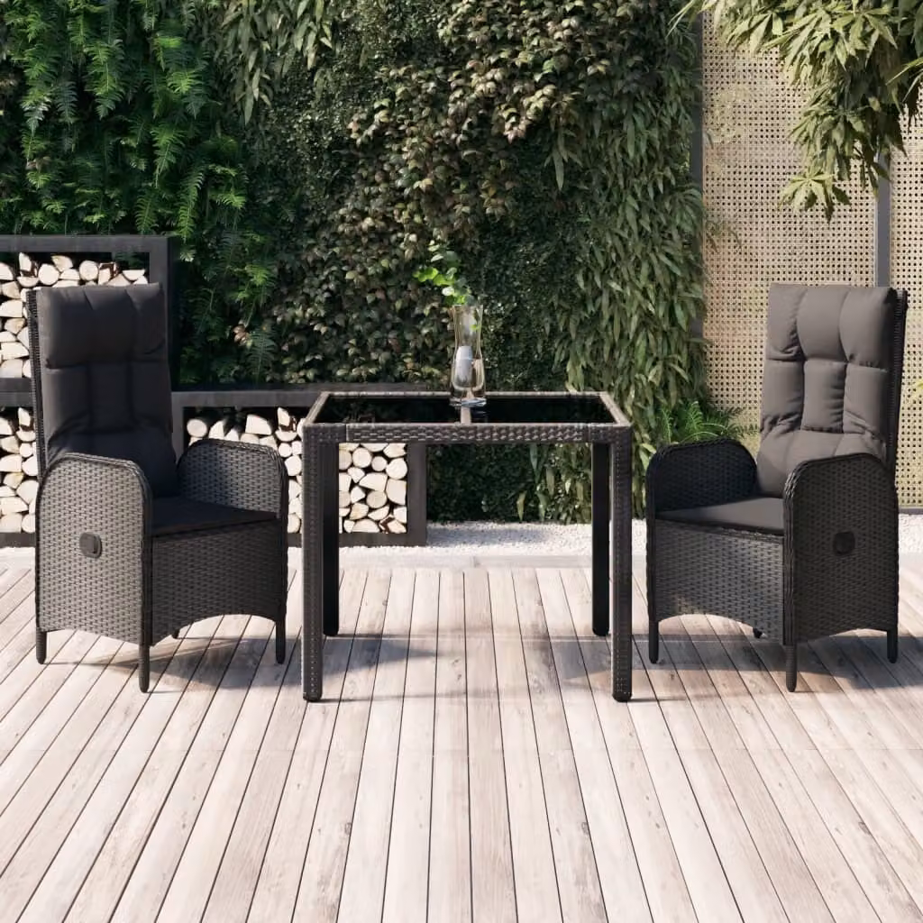 The Living Store Set da pranzo da giardino in 3 pezzi con cuscini in poly rattan nero