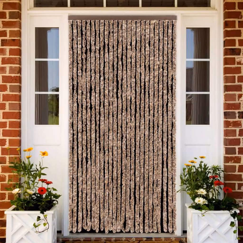 Tenda Antimosche vidaXL in Ciniglia Beige e Marrone Scuro, Termoisolante e Semitrasparente, L: 100 cm x H: 230 cm