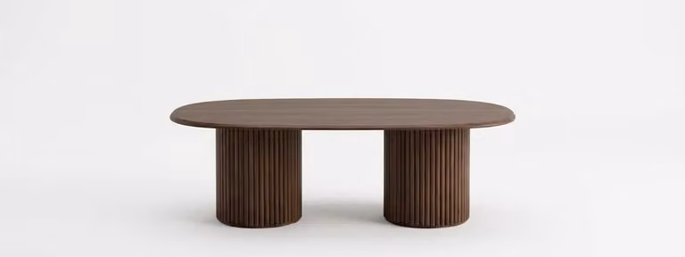 Tavolino da caffè grande, colore marrone, stile moderno, piano in legno, gambe in legno, nuovo