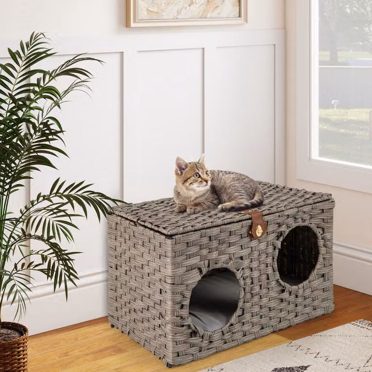Costway Condominio per gatti in rattan con cuscino morbido rimovibile, Letto pieghevole da interno Grigio