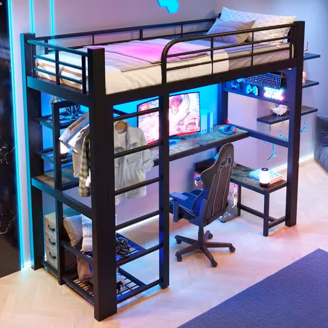 Letto a soppalco 90×200 cm 1 posto con scrivania, LED regolabile, mensole e appendiabiti, senza materasso, nero