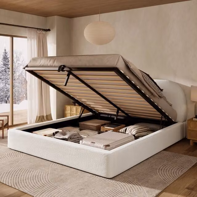 Letto matrimoniale 180 × 200 cm 2 posti con vano idraulico e testiera imbottita, senza materasso, in bouclé beige