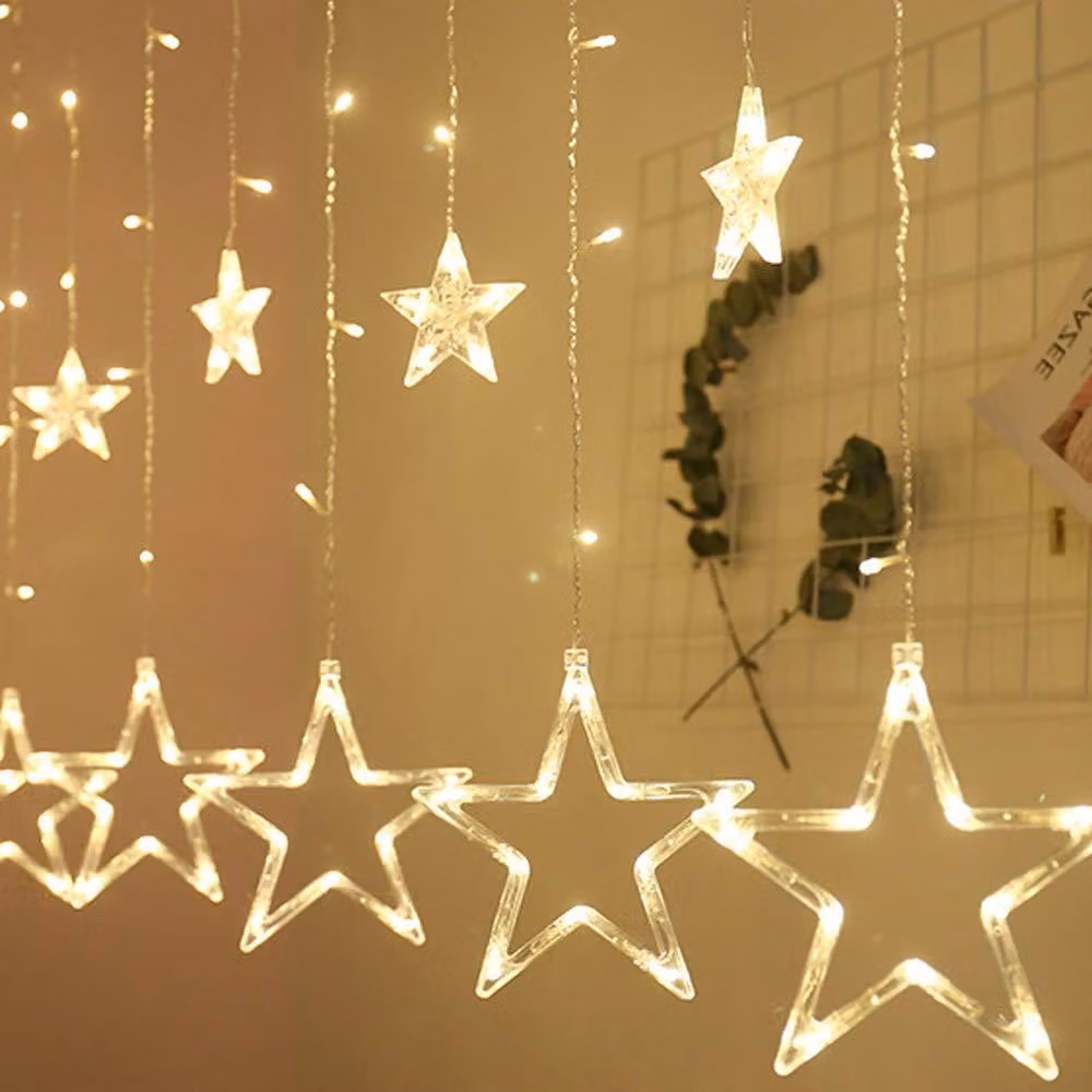 Tenda luminosa a LED, 2,5 metri, 12 stelle, 108 LED bianco caldo, alimentata a batteria