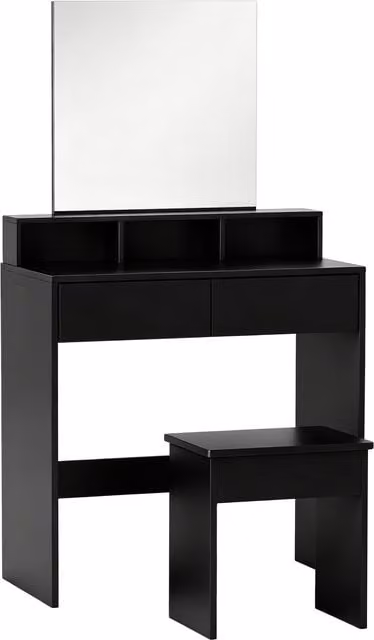 Tavolo da Trucco HOMCOM con Specchio, 3 Ripiani, 2 Cassetti e Sgabello in Legno, Nero, L: 75 cm, P: 38 cm, H: 135 cm – 1