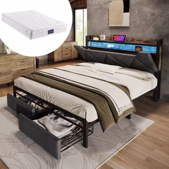 Letto matrimoniale 140x200 con materasso; testiera contenitore; USB-C; LED e 2 cassetti; grigio