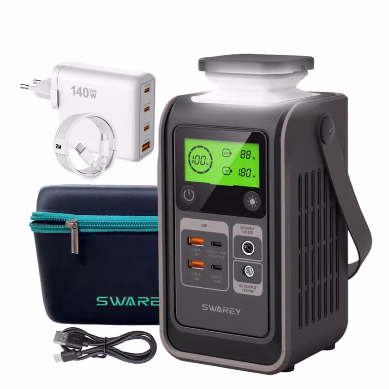 SWAREY S200 DC Power Station, batteria LiFePO4 da 192Wh, connettori USB-C a due vie da 140W, generatore solare di picco da 180W per il campeggio, i viaggi e le emergenze