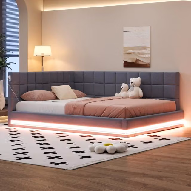 Divano letto imbottito in lino 160x200 cm con LED comandabile, presa USB e doghe, grigio