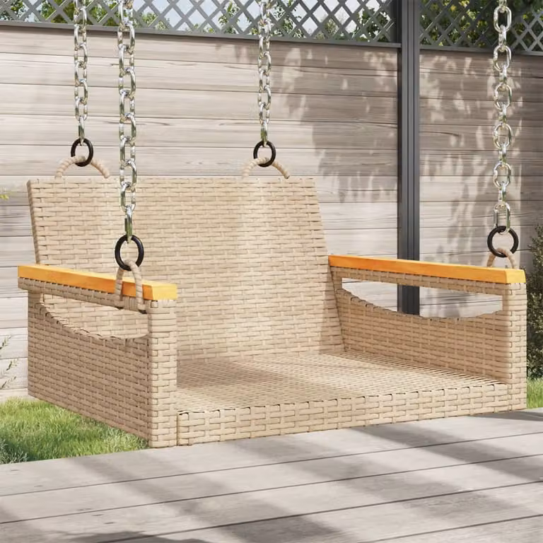 Panchina a dondolo vidaXL in polyrattan beige con struttura in metallo e legno di acacia oliato, L 63 cm x P 62 cm x H 37 cm