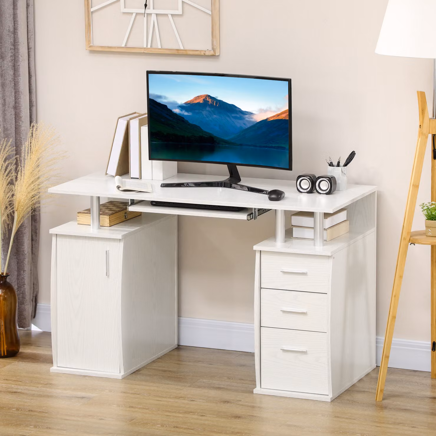Scrivania per computer HOMCOM con piano tastiera e 3 cassetti, bianca, L: 120 cm, P: 55 cm – 2