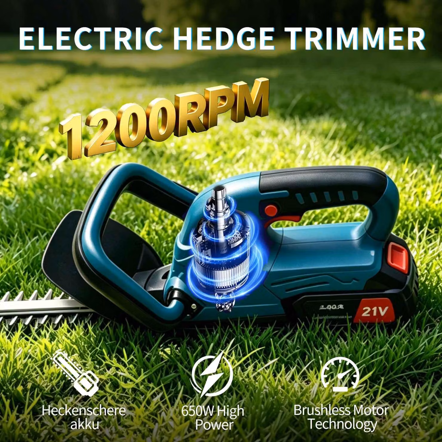 Tagliasiepi a batteria AIORBER, 21V, 650W, con 2 batterie da 4.0Ah, lama da 520mm, ideale per potare siepi e arbusti in giardino, colore blu