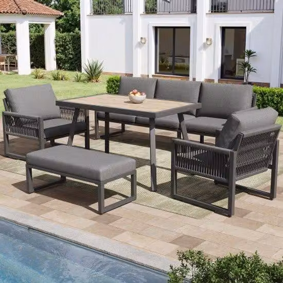 Set di mobili da giardino per balconi e terrazze, 6-7 posti a sedere, panca da giardino di alta qualità con ampia zona pranzo, mobili da giardino resistenti alle intemperie con morbidi cuscini e imbottiture