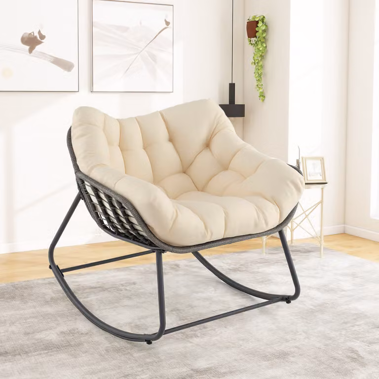 Sedia a dondolo Costway in rattan e metallo per interno ed esterno, colore beige