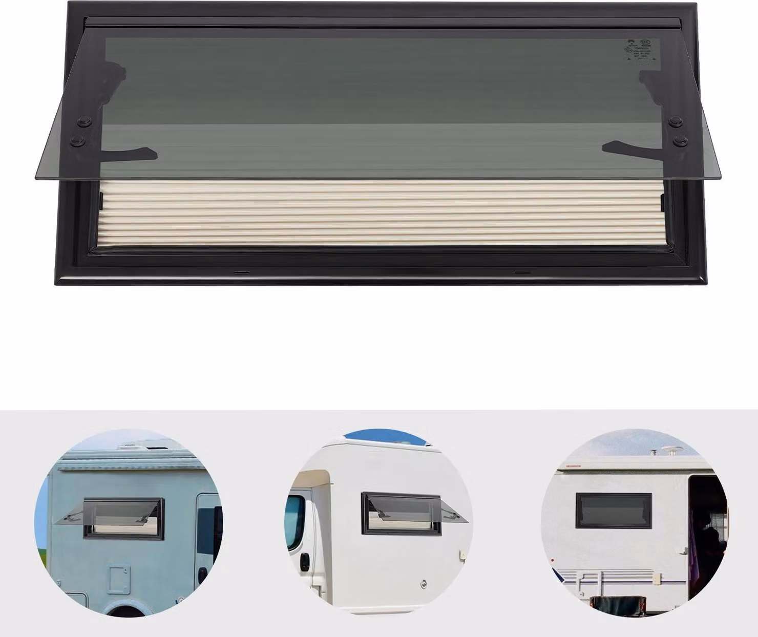 Finestre per camper/roulotte - Finestre di ricambio a ribalta - Angoli diritti - Vetro temperato colorato con trasmissione luminosa dell'18% - Angolo di apertura 85° - Protezione solare - Blu