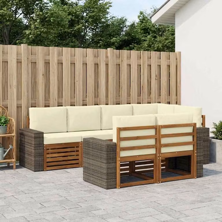 Set di divani da esterno vidaXL 7 pz in legno di acacia con cuscini beige e bianco