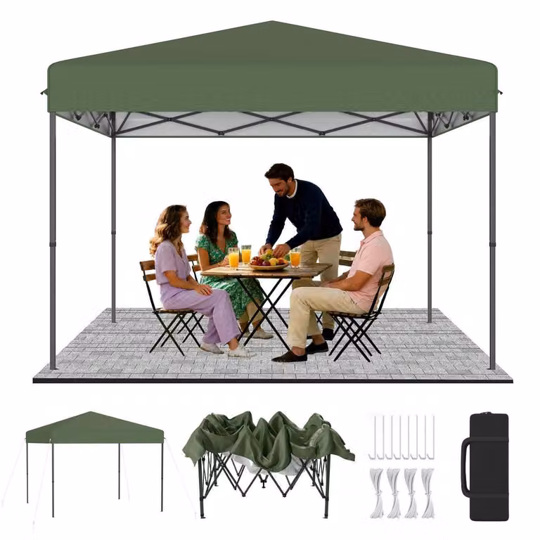 Padiglione pop-up verde, dimensioni 3x3 metri, pieghevole, con regolazione dell'altezza da 240 a 260 cm
