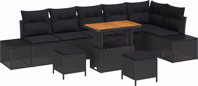Set Divano da Giardino con cuscino 9 pcs Nero polyrattan