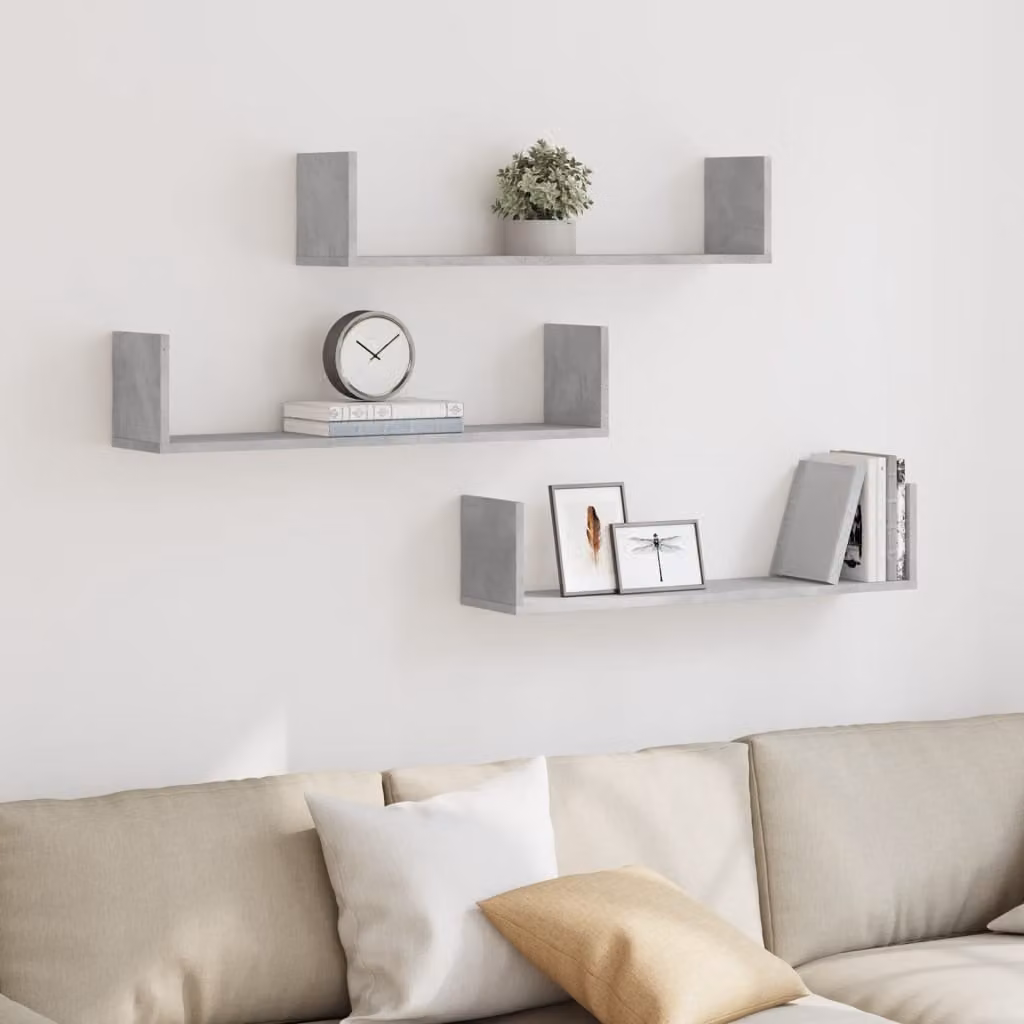 Set di 3 mensole a parete vidaXL in MDF color grigio cemento, L 80 cm x P 18 cm x H 18 cm