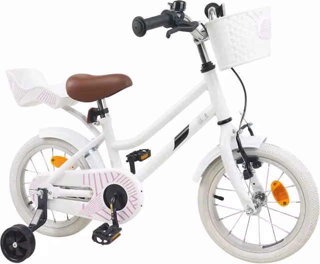 Bicicletta per bambini da 12 pollici bianca con struttura in metallo e pneumatici in gomma