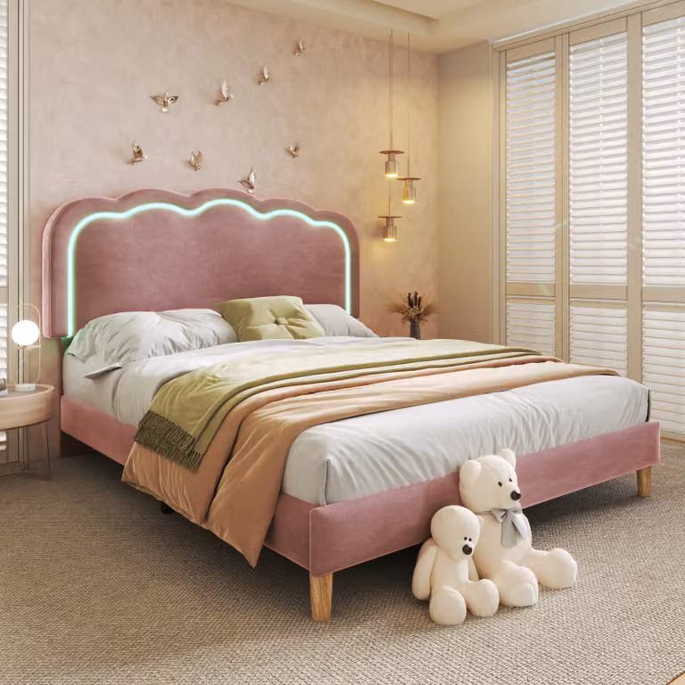 Letto imbottito Flieks 140x200cm con rete a doghe, letto per ragazzi letto per bambini con rete a doghe, letto matrimoniale letto classico in legno, velluto, rosa