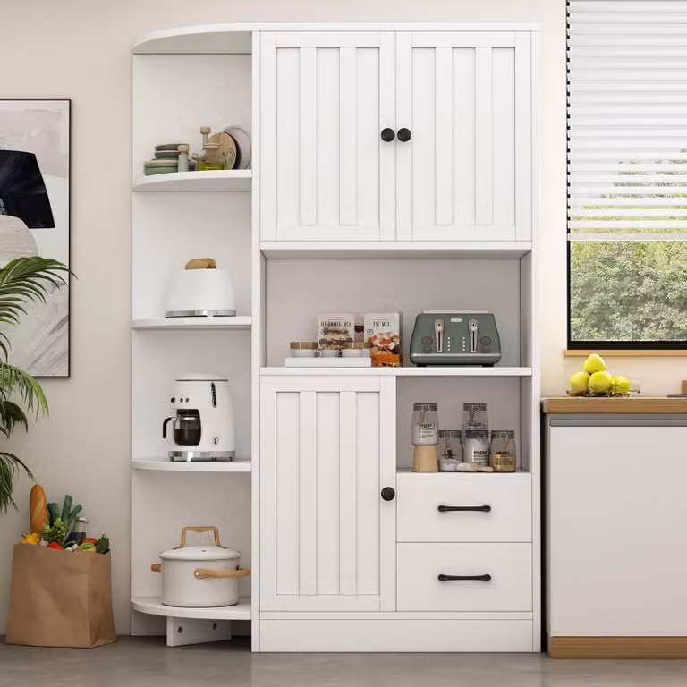Armadio angolare bianco 104×35×155 cm con 3 ante, 2 cassetti e ripiani