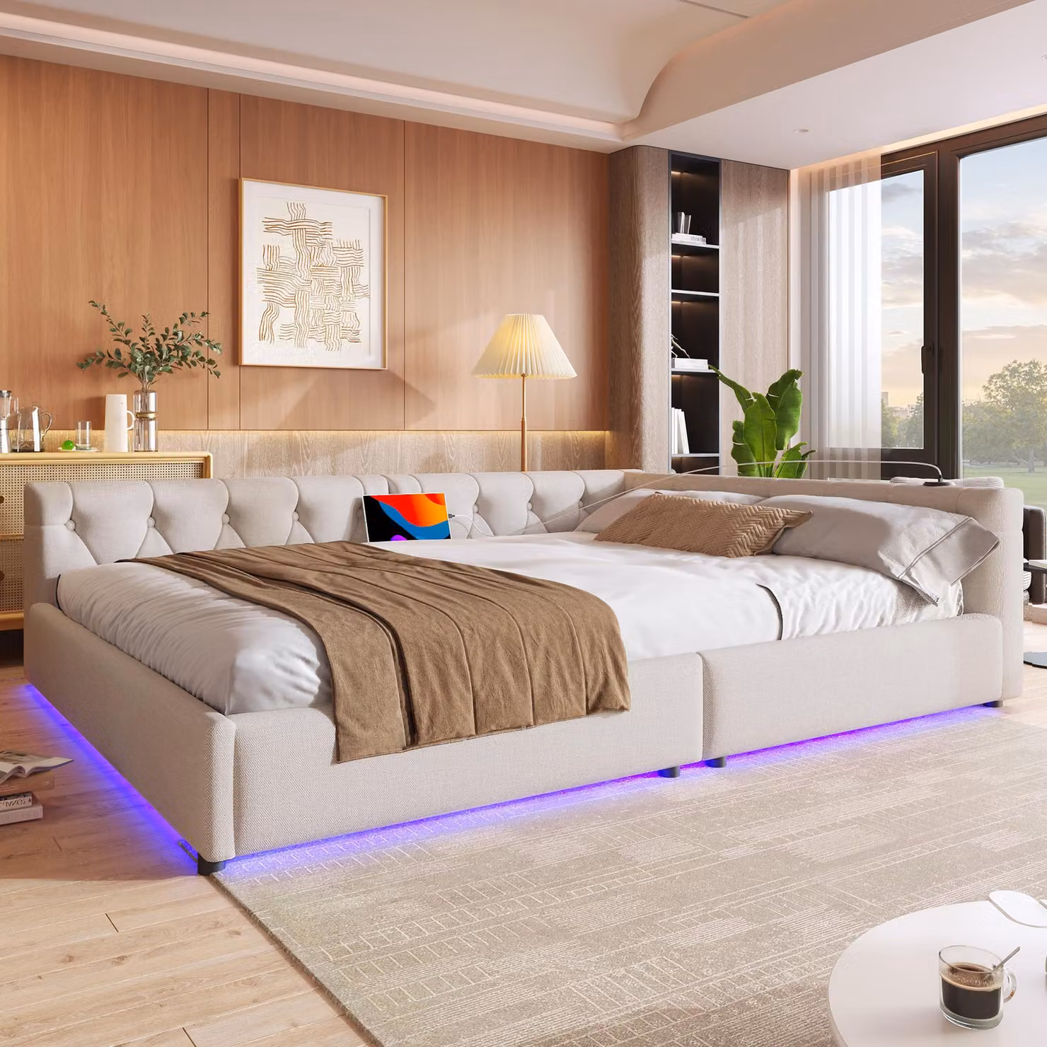 MODFU Divano letto, Letto da giorno, 140x200 cm, Divano letto con materasso, Illuminazione ambientale con telecomando, Testata con pulsanti, USB + Type-C, Materiale di lino, Beige, senza materasso