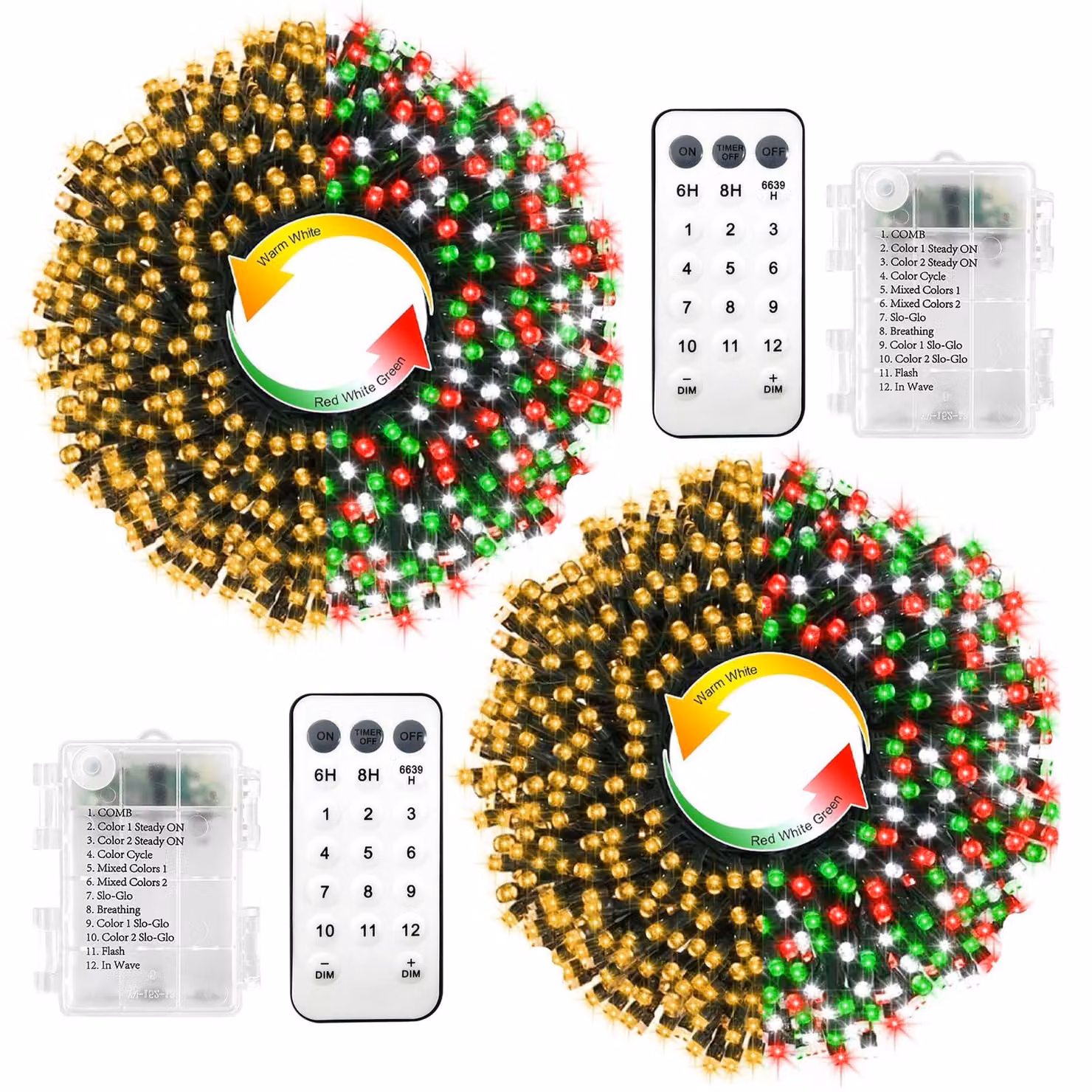 Catena luminosa da 10 metri, 100 LED, cambio colore, bianco caldo/rosso-bianco-verde, confezione da 2