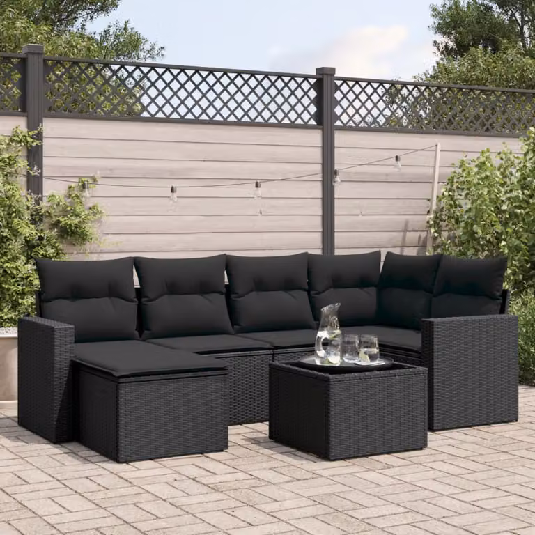 Set di Divani da Giardino vidaXL a Forma di L con Cuscini e Tavolino, 7 Pezzi, Polyrattan Nero