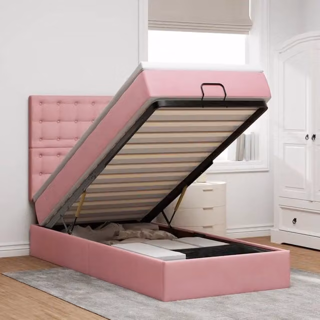 Letto con Contenitore a Sollevamento vidaXL in Velluto Rosa e Bianco con Porte USB e Illuminazione Sotto il Letto L: 200 cm, P: 100 cm, H: 128 cm – 1
