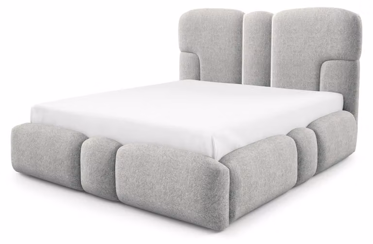 Letto imbottito con contenitore integrato, modello Puffra, colore grigio seta, dimensioni 180 x 200 cm