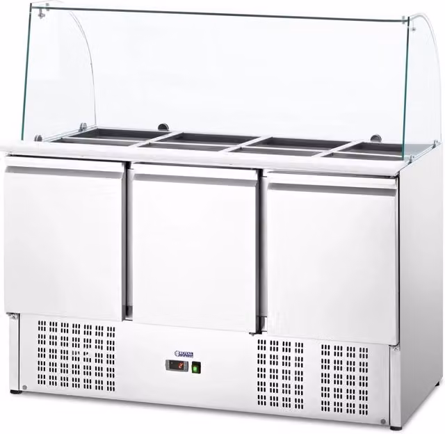 Saladette refrigerata professionale da terra 3 porte tavolo mobile inox (Volume: 368 l, x cm, Intervallo di refrigerazione: 2 - 10 °C, 1 x GN 1/1, 4 x GN 1/2, 3 x GN 1/3) 14_0005362