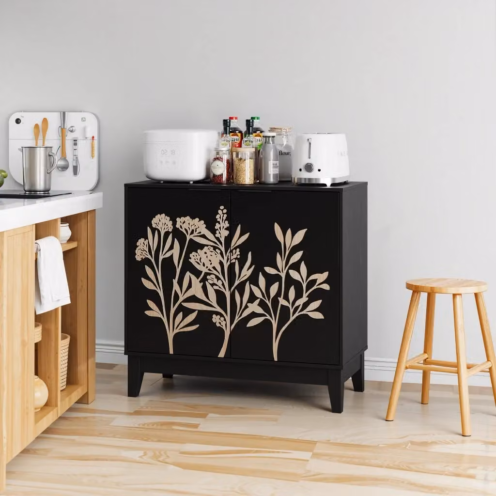 Credenza moderna in MDF con 2 ante e ripiano regolabile per soggiorno, cucina o ingresso, colore nero opaco – 2