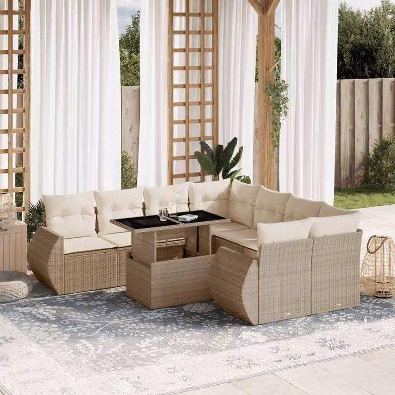 vidaXL Set Divano da Giardino a L 9 pz con Cuscini Beige e Tavolino in Polyrattan e Acciaio