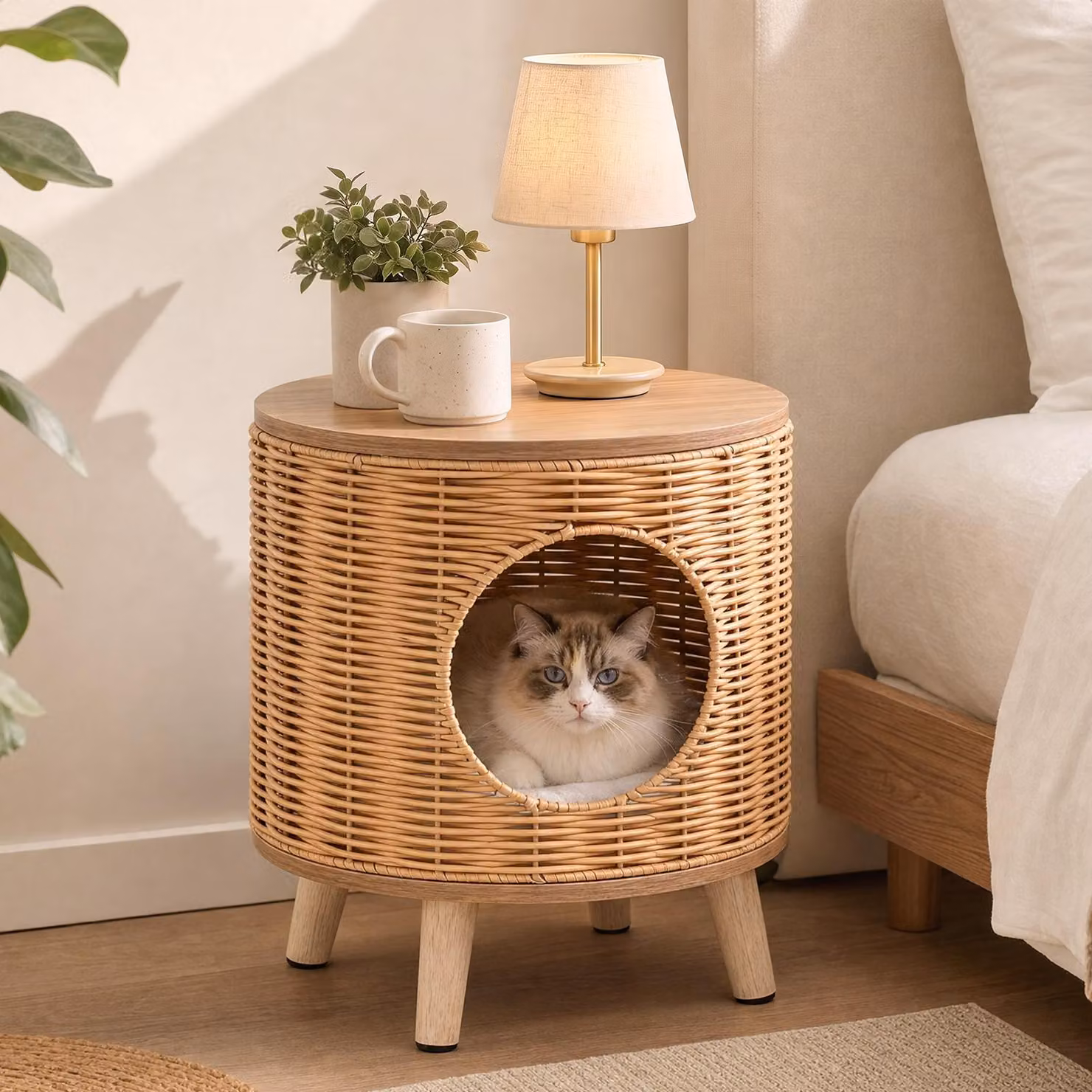 COSTWAY, cuccia per gatti in rattan, con gambe in legno, diametro 36 cm, altezza 41 cm, 3 in 1: poggiapiedi/cuccia per gatti/tavolino, mobili per interni per gatti fino a 30 kg