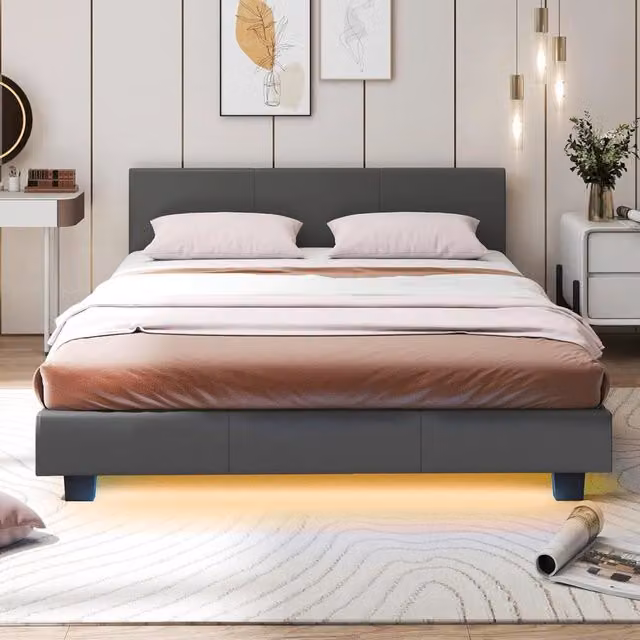 Letto Matrimoniale Costway in Legno con Testiera Imbottita, Luce LED Sotto il Letto e Telecomando, Grigio, 140x200 cm – 1