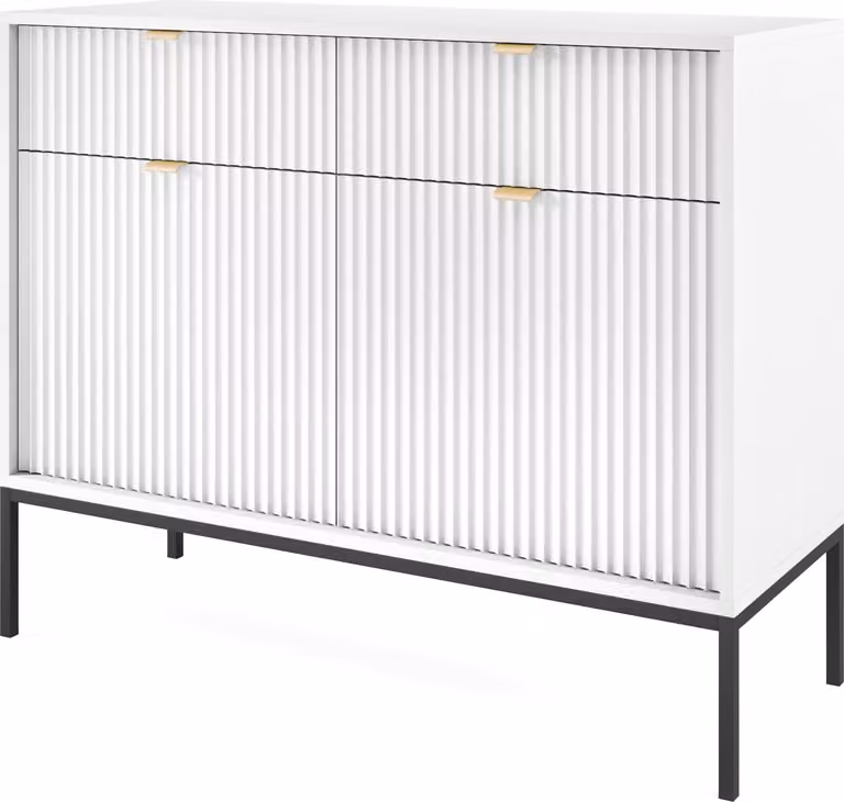 Cassettiera: 2 cassetti, 2 ante, bianco, nero, 104 x 83 x 39 cm, maniglie dorate
