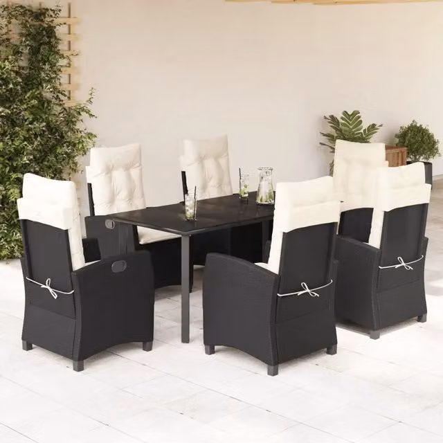 Set da Pranzo da Giardino 7 pz Nero con Cuscini in Polyrattan 3212737