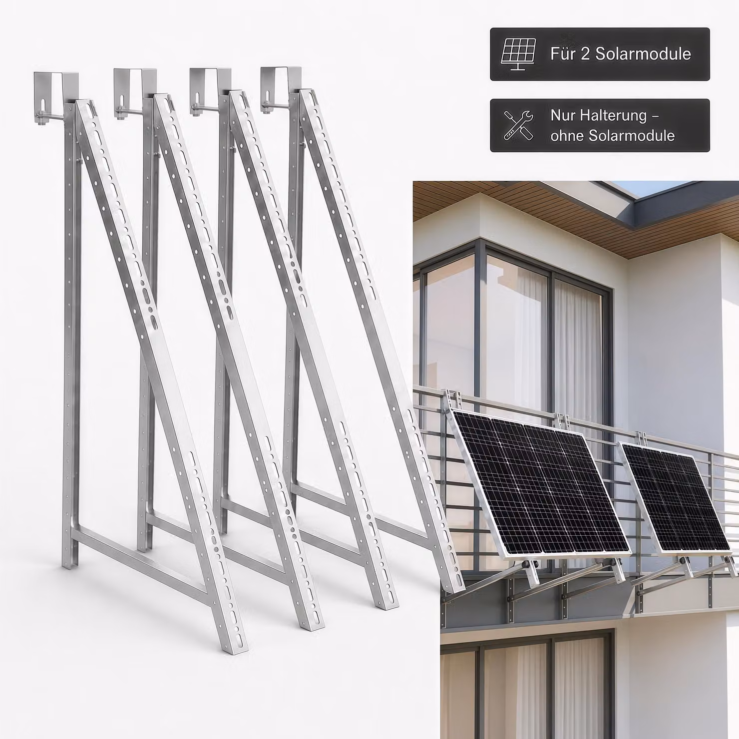 Supporto per impianti solari da balcone, adatto per 2 pannelli solari, realizzato in alluminio, con gancio da 75 mm, regolabile da 0° a 90°, ideale per balconi