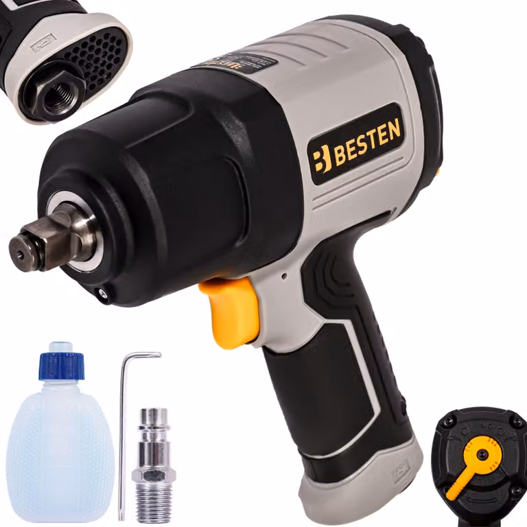 Avvitatore pneumatico a percussione BESTEN 1650 Nm • Doppio martello • Cambio rapido • 3 marce • Attacco 1/2″ • 8000 giri/min • 114 l/min • 2 kg