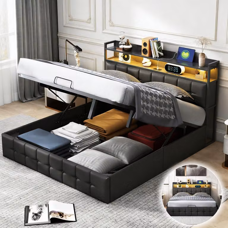 Letto matrimoniale con rete a molle INONEFT, dimensioni 140 x 190 cm, con prese USB e prese di corrente, contenitore integrato, imbottitura LED, rivestito in ecopelle, colore nero