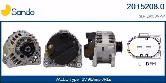 SANDO 2015208.0 - Alternatore/generatore LiMa da 90A, 12V, compatibile con: * VW POLO (9N) * VW Polo (6R1, 6C1) * VW Fox (5Z1, 5Z3, 5Z4) * SKODA ROOMSTER