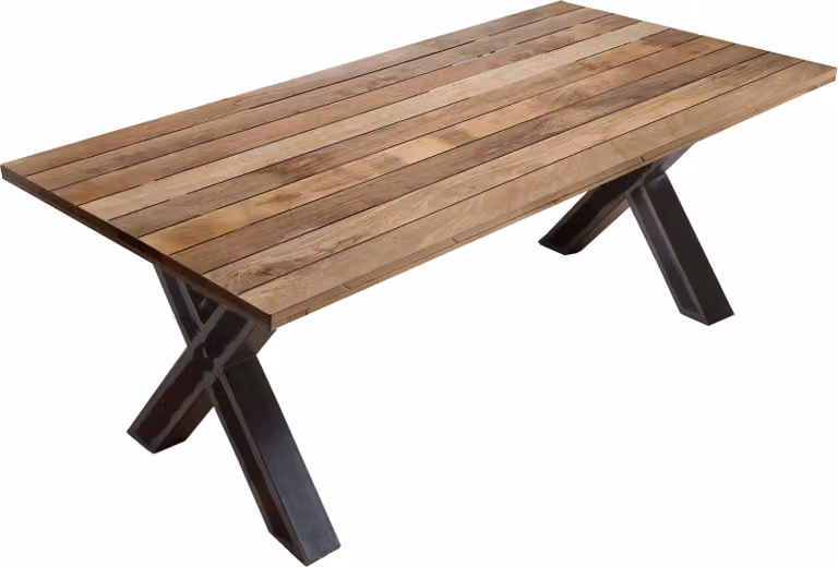 Tavolo da pranzo Möbilia | 200 x 100 cm | Piano da 43 mm in mango naturale | Base a X in metallo nero anticato | L 200 x P 100 x A 77 cm | 25020008 | Serie TAVOLO