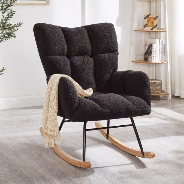Poltrona a Dondolo MINIMAL in Tessuto Bouclé Grigio con Struttura in Legno e Metallo Nero, Design Moderno per Soggiorno, L/P/H: 69 x 89 x 101 cm