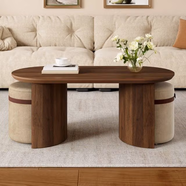 Set tavolino da caffè ovale 108x50x44 cm in MDF noce con 2 sgabelli imbottiti