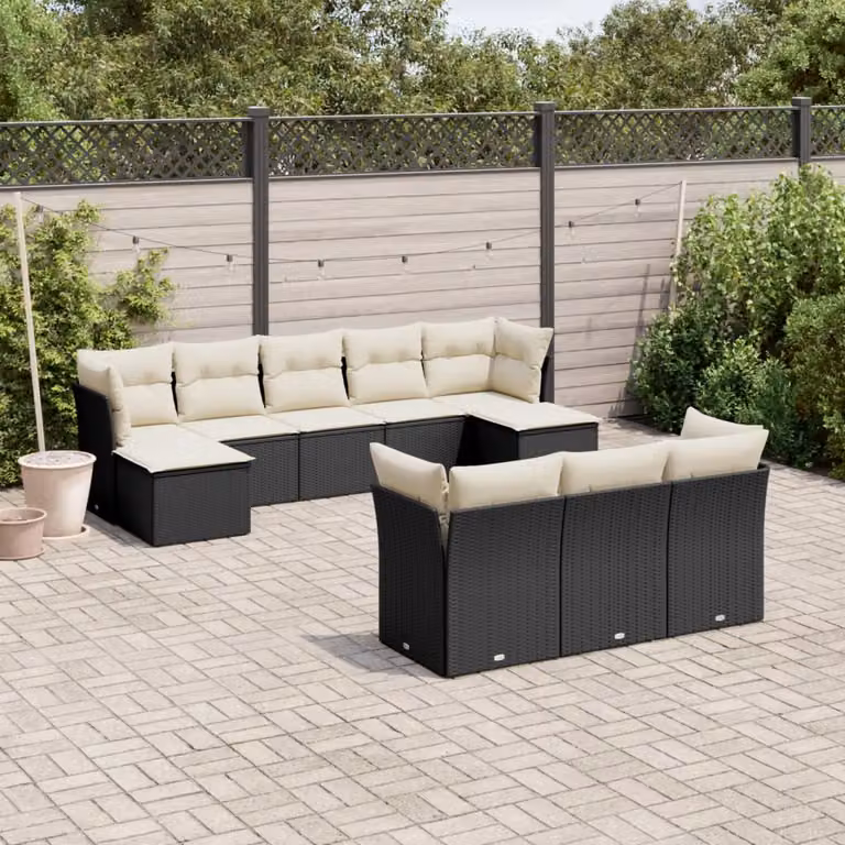 vidaXL Set di Divani da Giardino 10 Pezzi in Polyrattan Nero con Cuscini e Struttura in Metallo