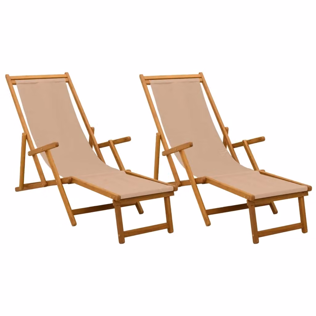 Set di 2 lettini prendisole pieghevoli vidaXL in legno di acacia con poggiatesta regolabile e tessuto beige resistente ai raggi UV – 2