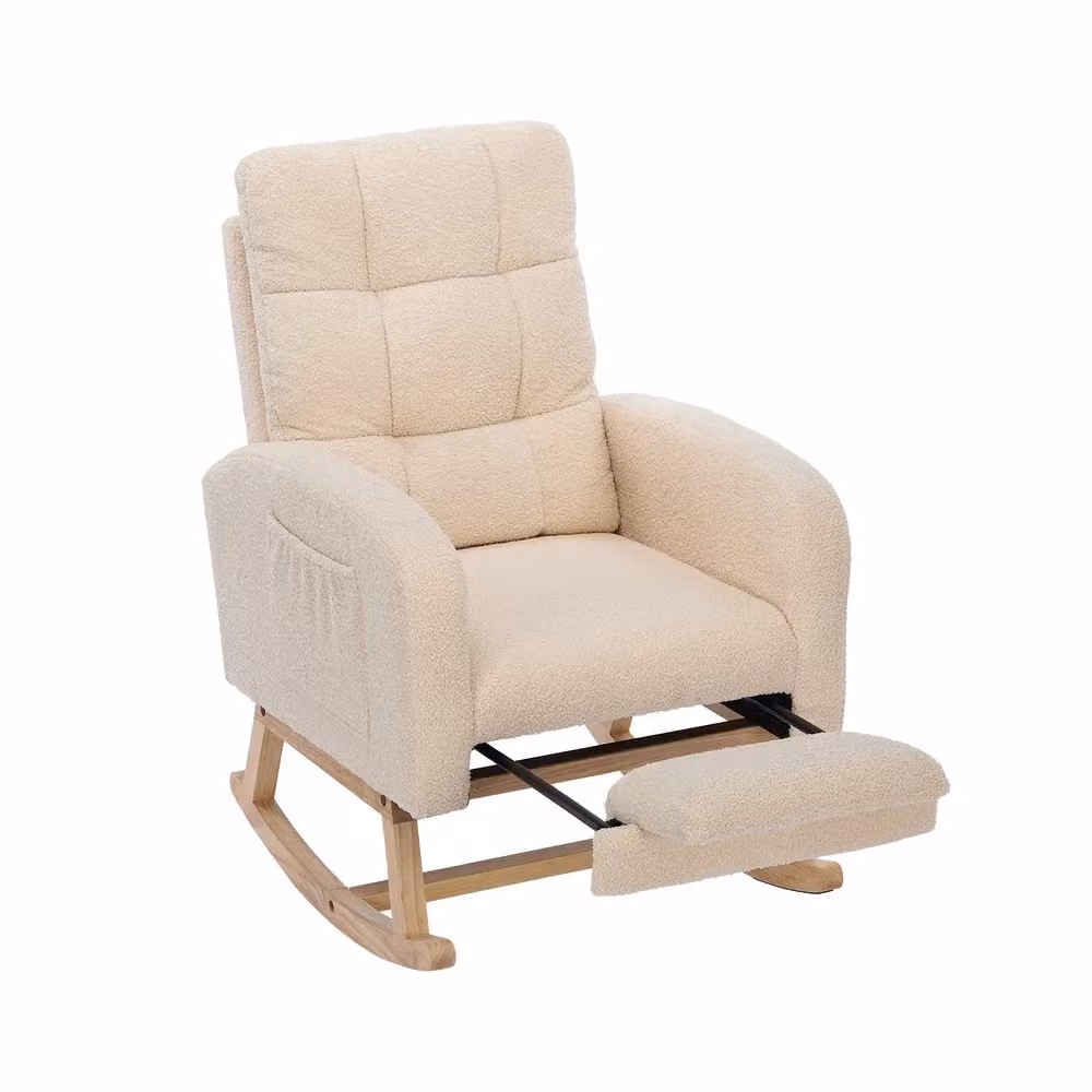 Poltrona dondolo Minimal beige in tessuto boucle con struttura in legno e metallo per soggiorno o camera da letto – 2