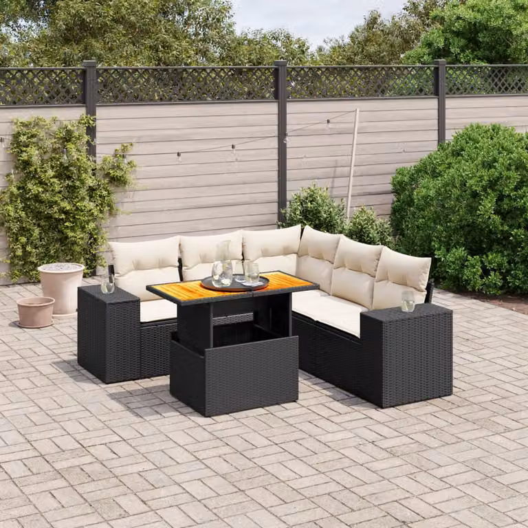 Set Divano da Giardino vidaXL 6 pz in Polyrattan Nero con Cuscini e Tavolino da Esterno a Forma di L