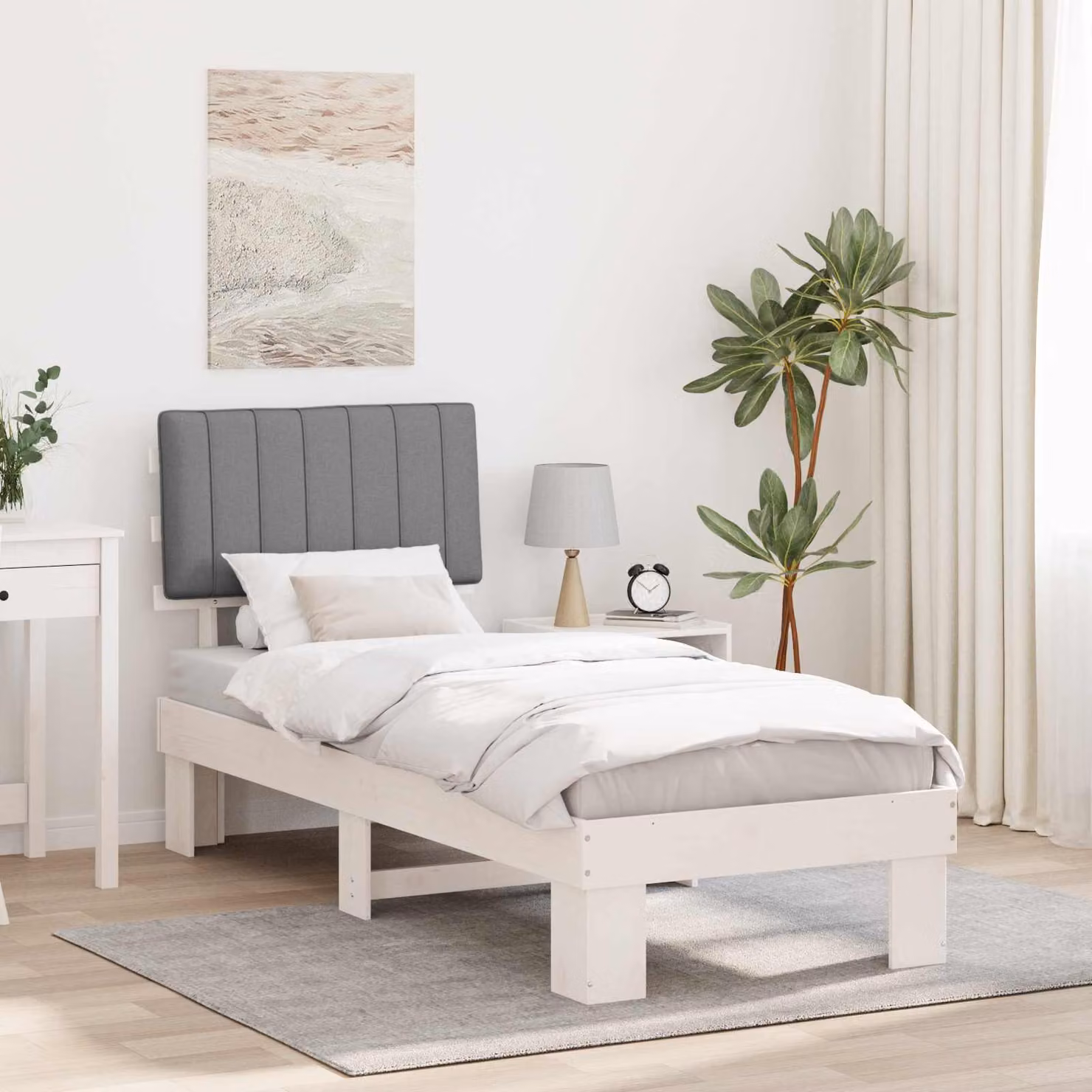 Letto con testiera rivestita vidaXL in legno di pino e tessuto, Grigio, 80 x 200 cm – 1