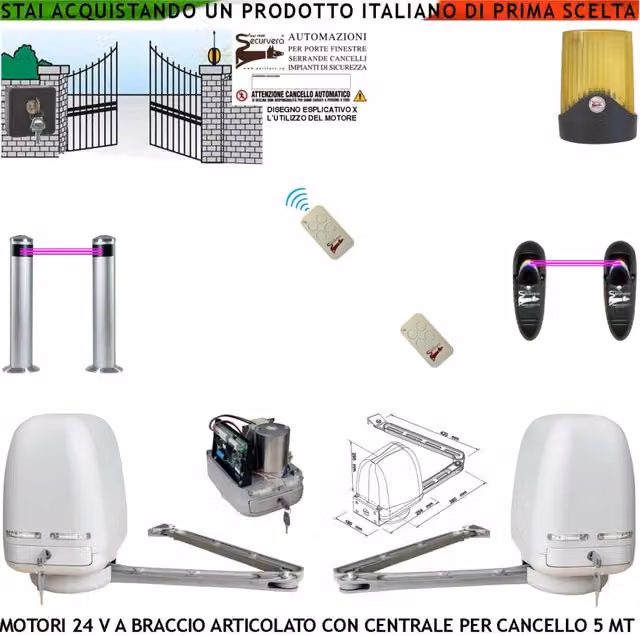 Cancello Automatico Kit Motori a Braccio Articolato 24 V 2 Ante da 0,5 a 2,5 MT Centrale 220/24 V Selettore 2 Radiocomandi Faro 2 Fotocellule 2 Paline