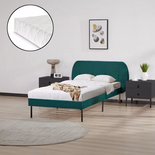 Letto Singolo Porvoo en.casa con Testiera e Materasso in Velluto Verde Scuro L/P/H: 207 x 90 x 110 cm